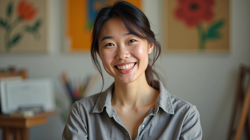 Art instructor in creative studio with paintings and art materials