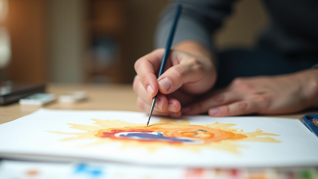 Close-up of hands holding paintbrush over canvas with watercolor pigments, showing detailed artistic technique and hand positioning