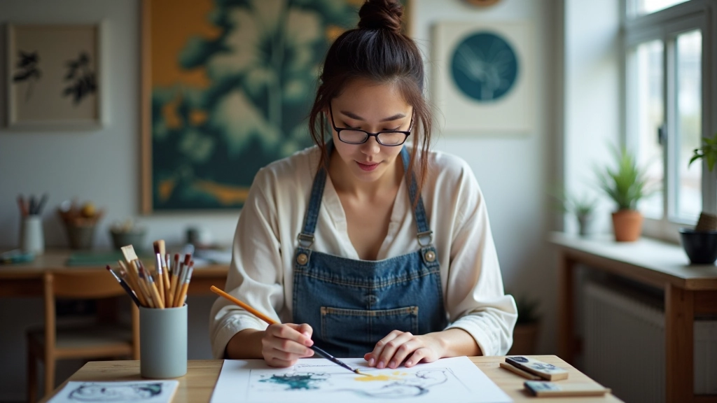 Creative art studio space with calligraphy brushes and ink paintings displayed on walls