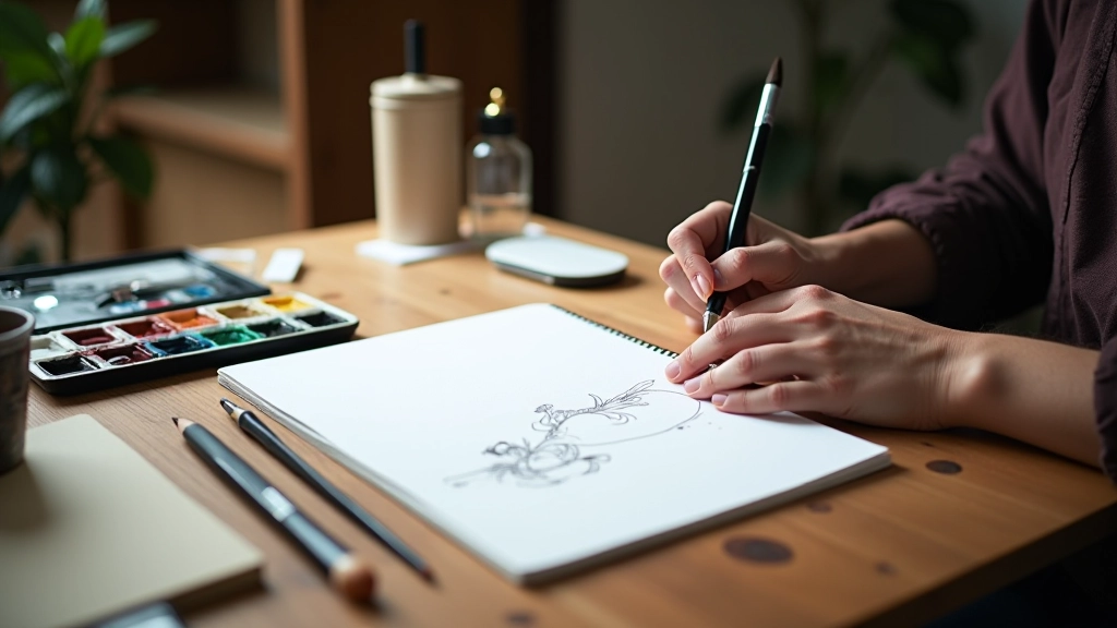 Urban sketching supplies laid out including sketchbook, watercolour set, brushes, pencils, water bottle and portable easel