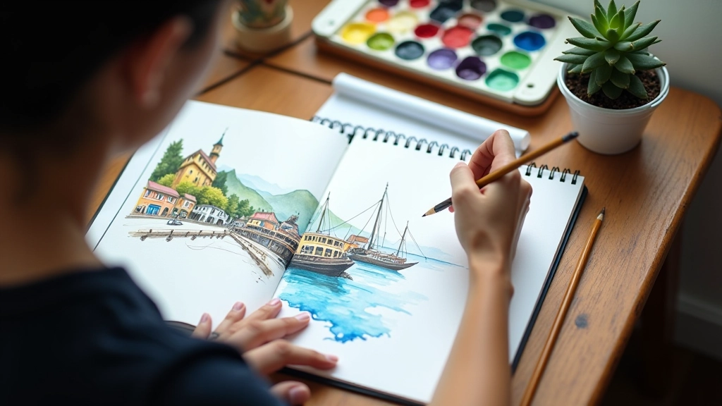 Close-up of sketcher's hand holding pencil over watercolor sketch of harbour buildings with colour studies