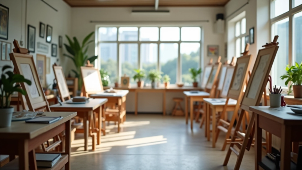 Community art studio workspace with multiple art stations, easels, and creative supplies arranged for group sessions and workshops