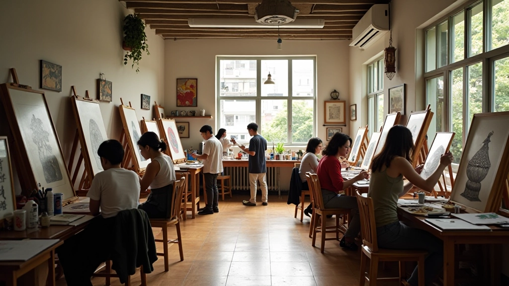 Community art studio interior with artists working on different creative projects and artworks displayed