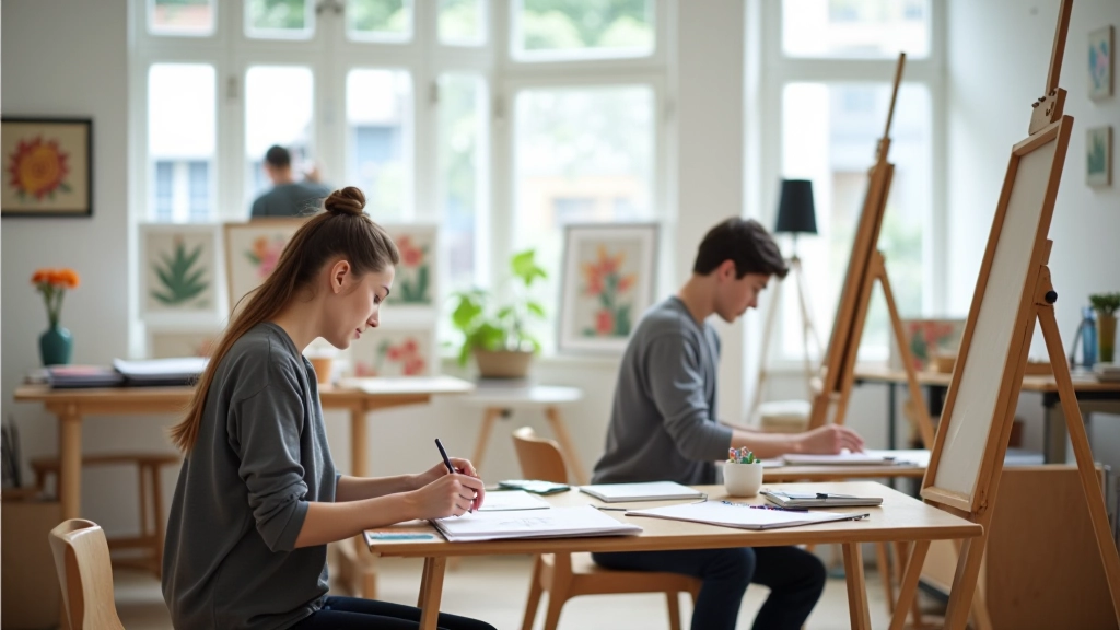 Community art studio interior with various artworks, easels, and drop-in participants working on different projects