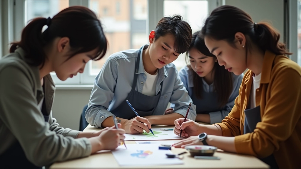 Group of artists working together in community space, sharing techniques and encouraging each other during collaborative art session