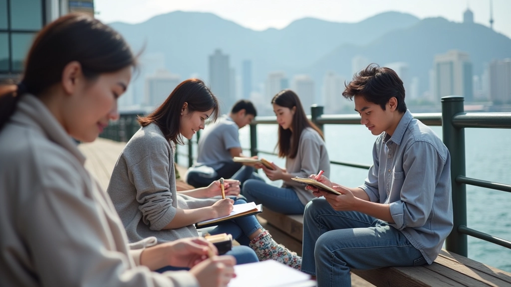 Group of urban sketchers sitting on waterfront promenade drawing harbour scenery with sketchbooks and pens