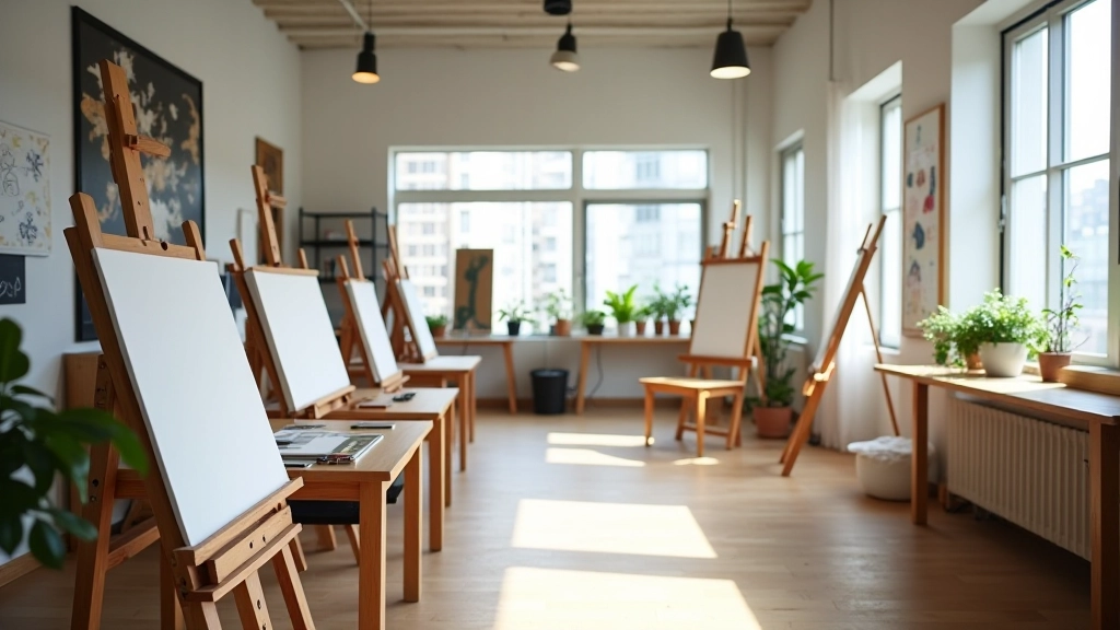 Community art studio workspace with paintings and creative materials for drop-in sessions