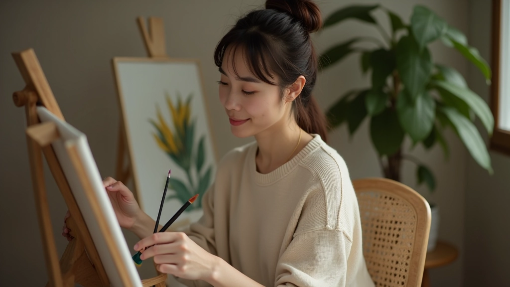 Person in relaxed posture painting with watercolors, demonstrating stress relief through creative practice