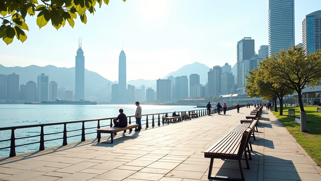 Harbour park waterfront with modern buildings, promenade seating, and scenic views perfect for outdoor sketching sessions
