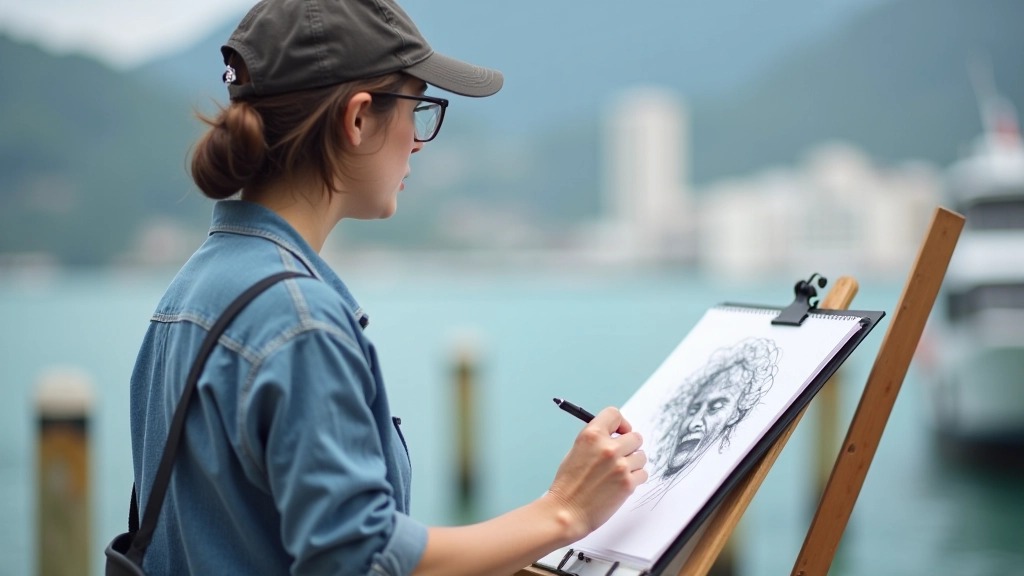 Urban sketch artist drawing at outdoor harbour waterfront location during plein-air session