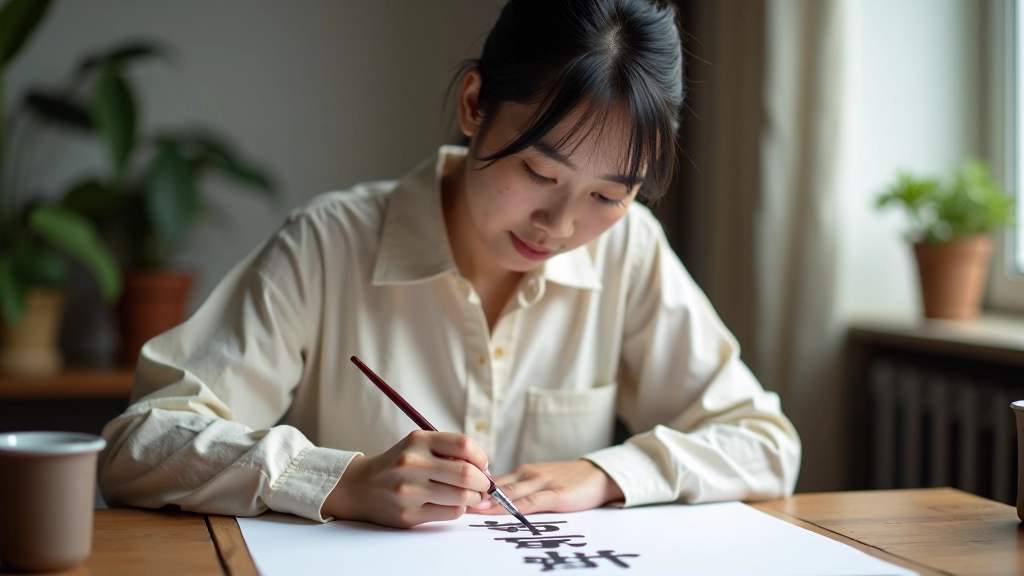 Person practicing traditional Chinese calligraphy with brush and ink on white paper at wooden desk