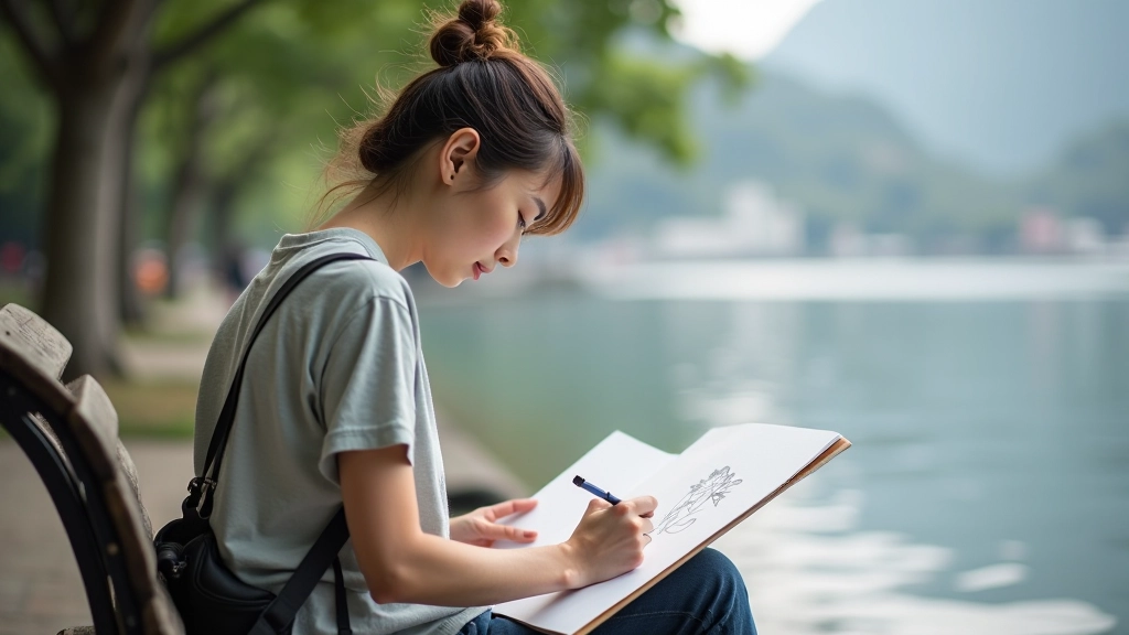Person sketching outdoors in urban park with notebook and pencil, enjoying plein-air drawing session during daylight hours